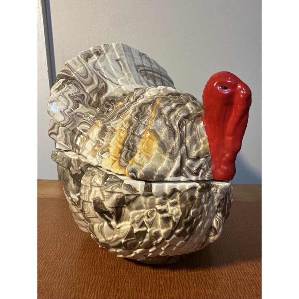 Vintage 70s‎ Ceramic Turkey Covered Candy Dish Thanksgiving Autumn Painted
